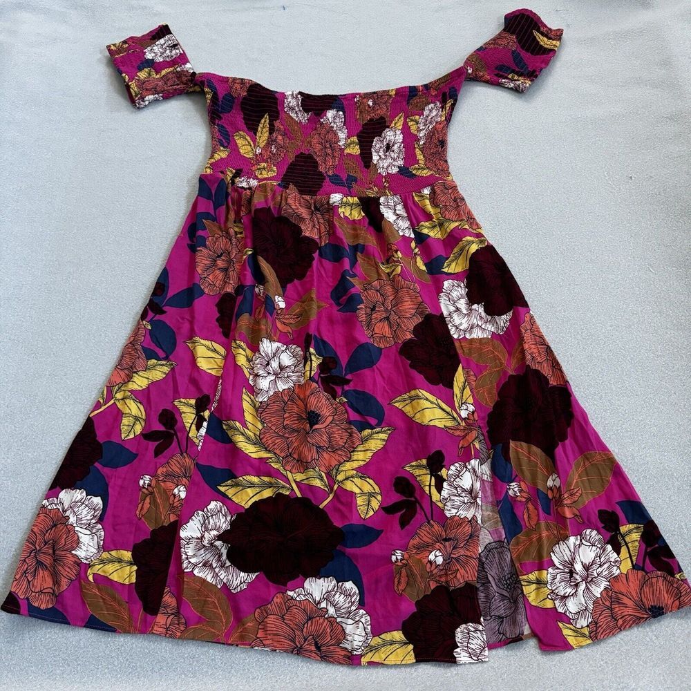 Express Off-Shoulder Floral Mini Dress in Magenta, Yellow, White, Navy